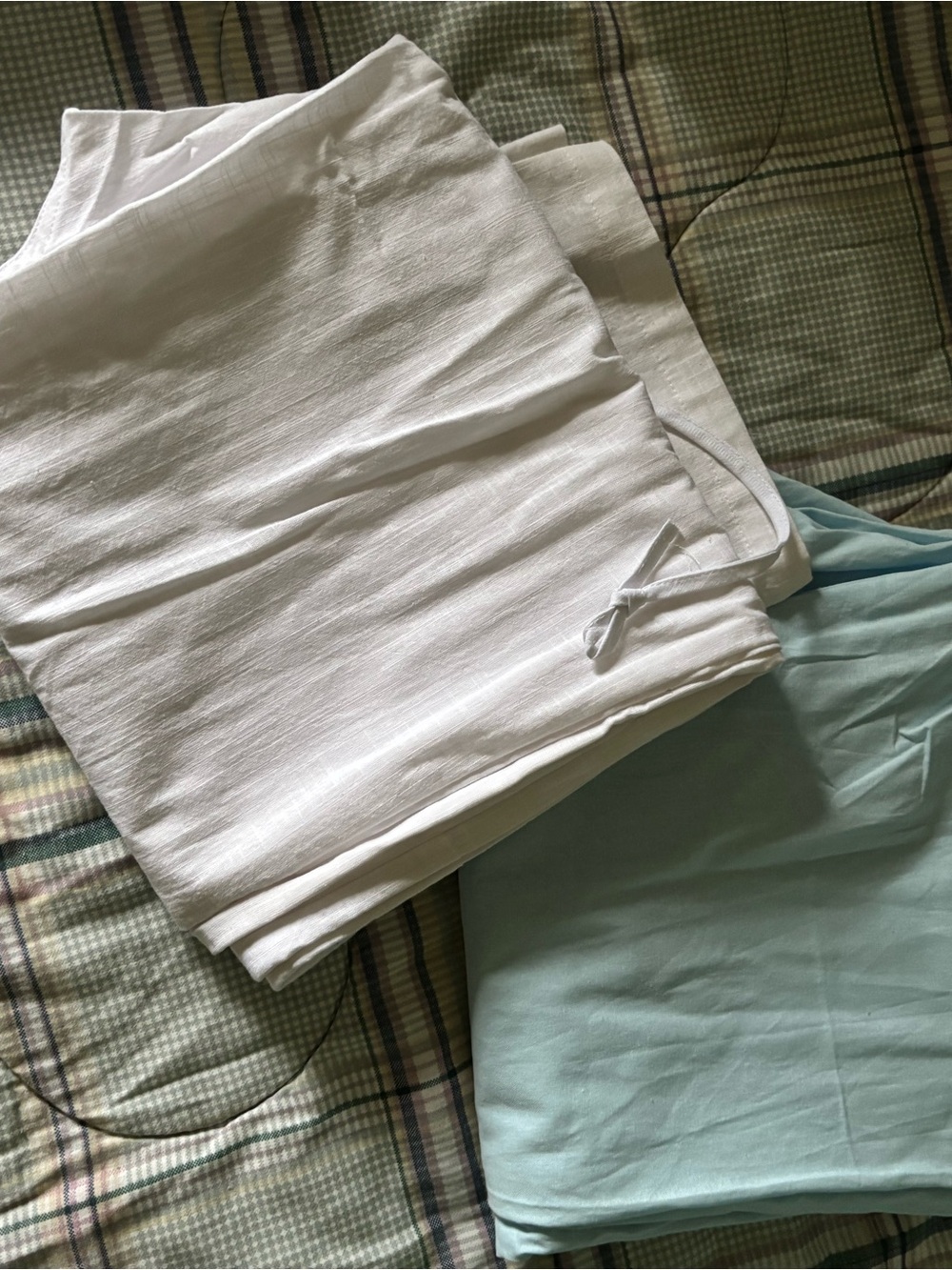White and Light Aqua Linen Blend Pants Pair